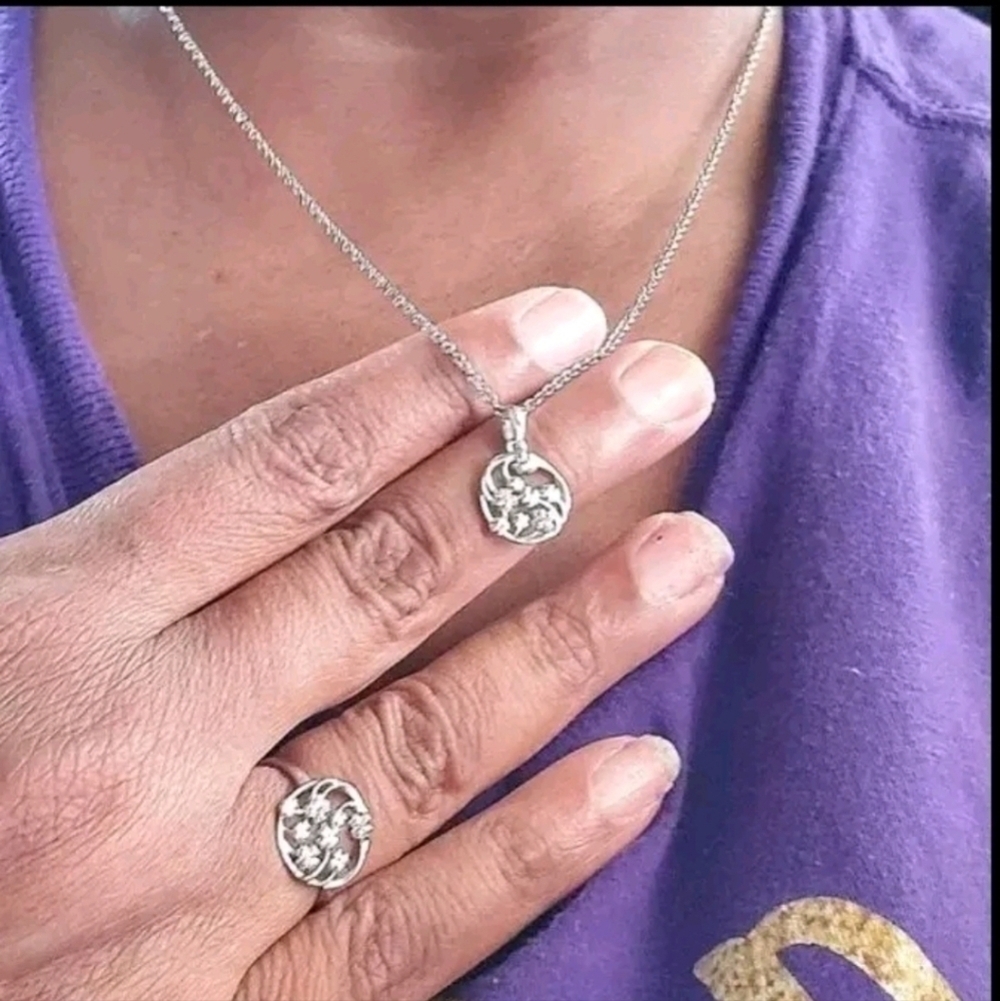 Platinum Plated Diamond Clover Medallion Pendant Ring Set
